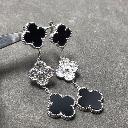 [BIJOUX]CLOVER 3 MOTIF DIAMOND ONYX SILVER EARRINGS