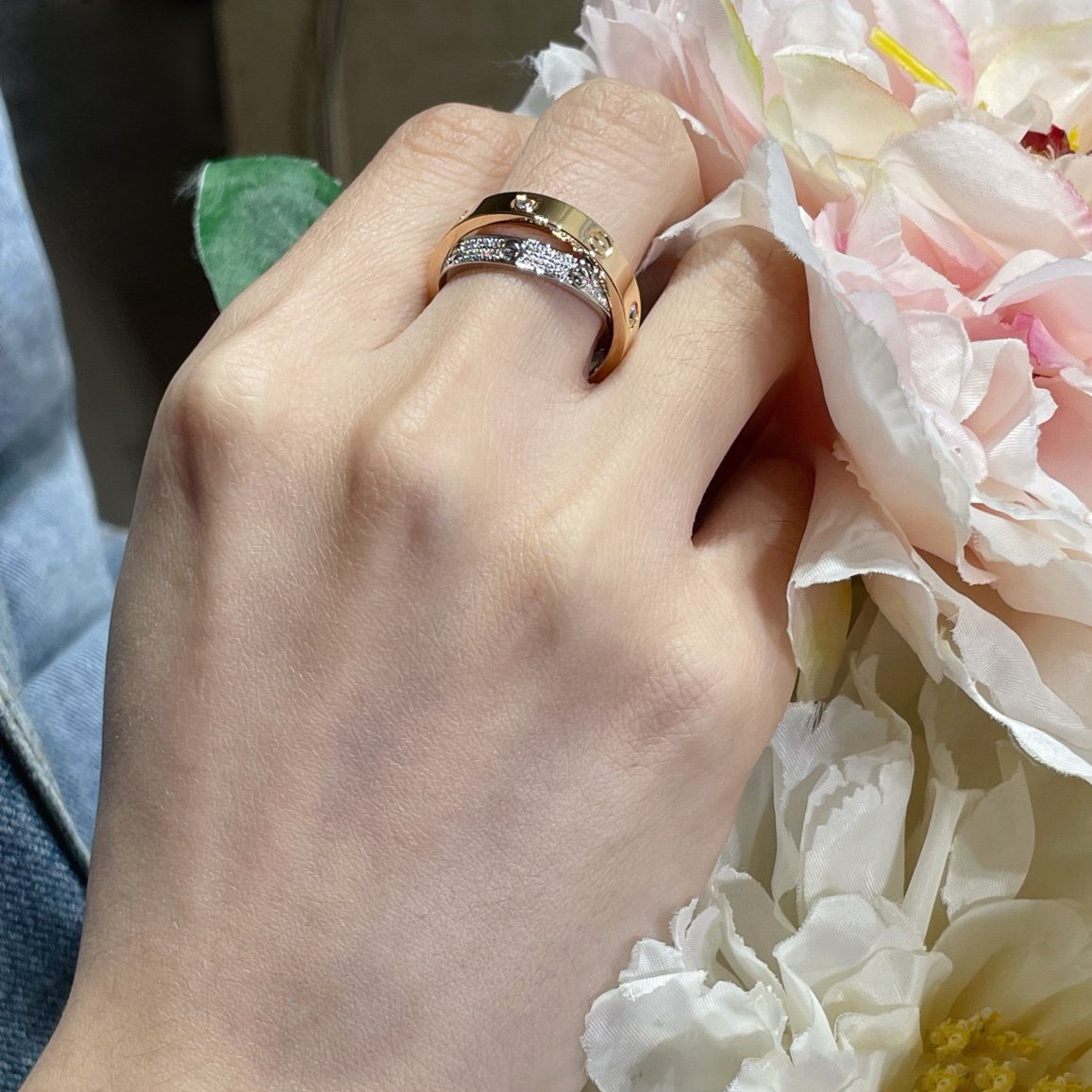 [BIJOUX]LOVE PINK GOLD SILVER DIAMOND DOUBLE RING
