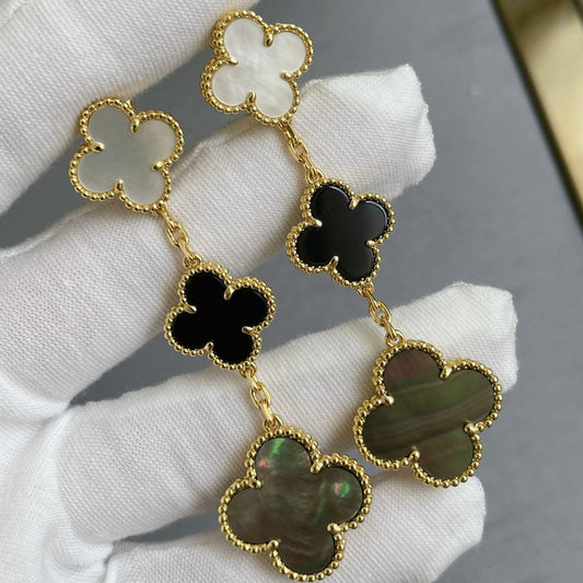 [Topon]CLOVER 3 MOTIF MOP ONYX DARK MOP PINK GOLD EARRINGS