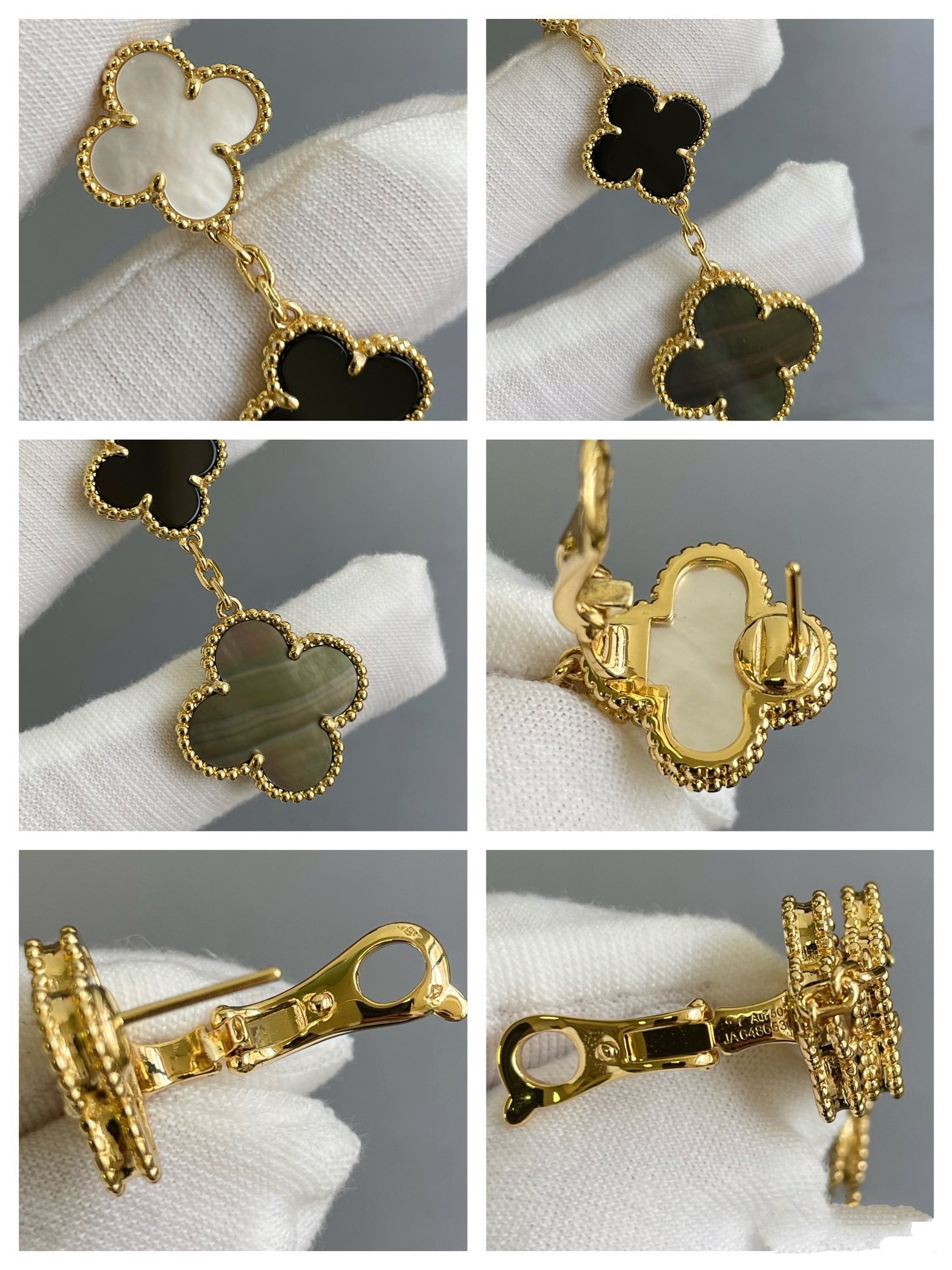 [BIJOUX]CLOVER 3 MOTIF MOP ONYX DARK MOP PINK GOLD EARRINGS