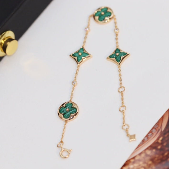 [BIJOUX]BRACELET MALACHITE OR ROSE 4 MOTIFS ÉTOILE ET SOLEIL