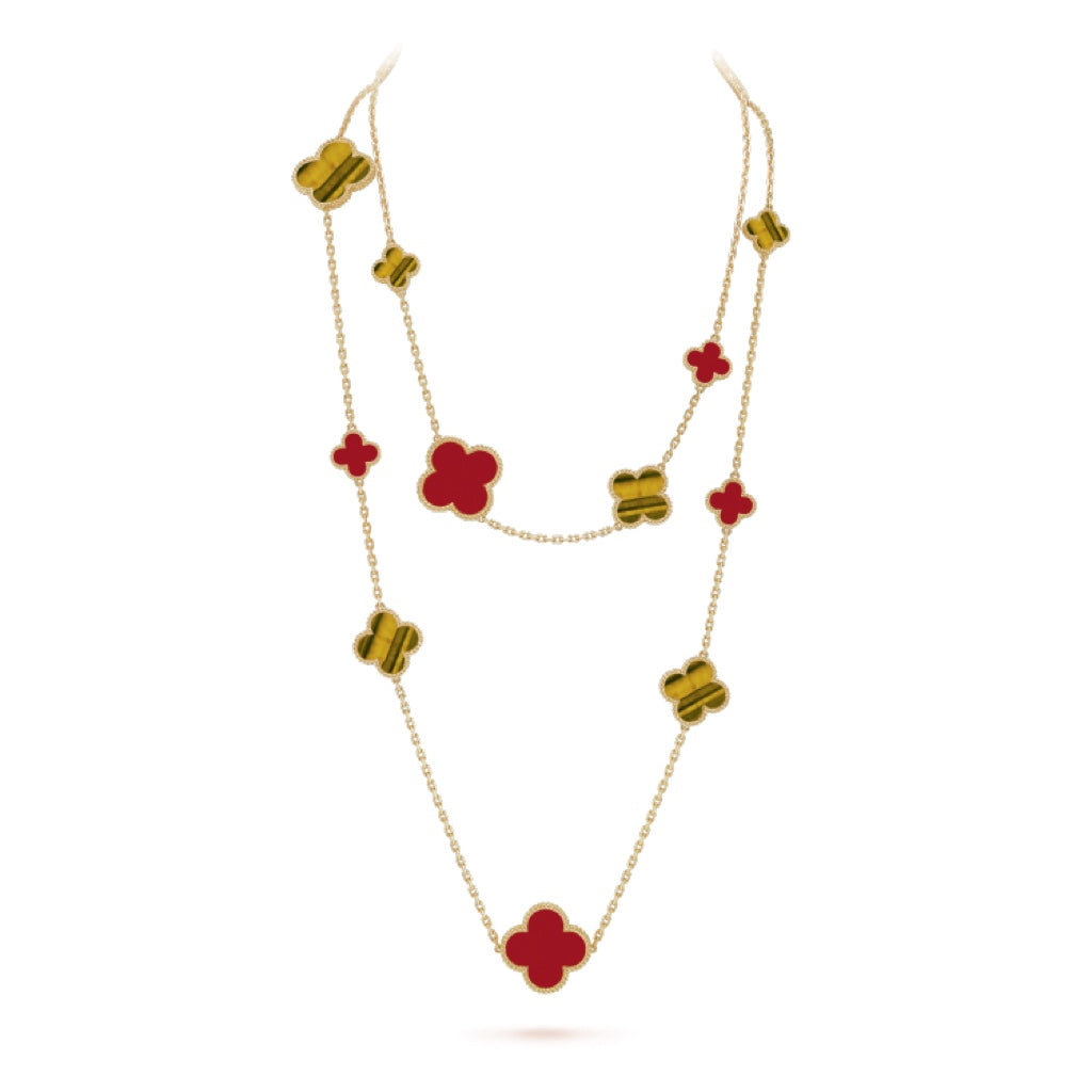 [Topon]CLOVER 16 MOTIF CARNELIAN TIGER EYE ROSE GOLD NECKLACE