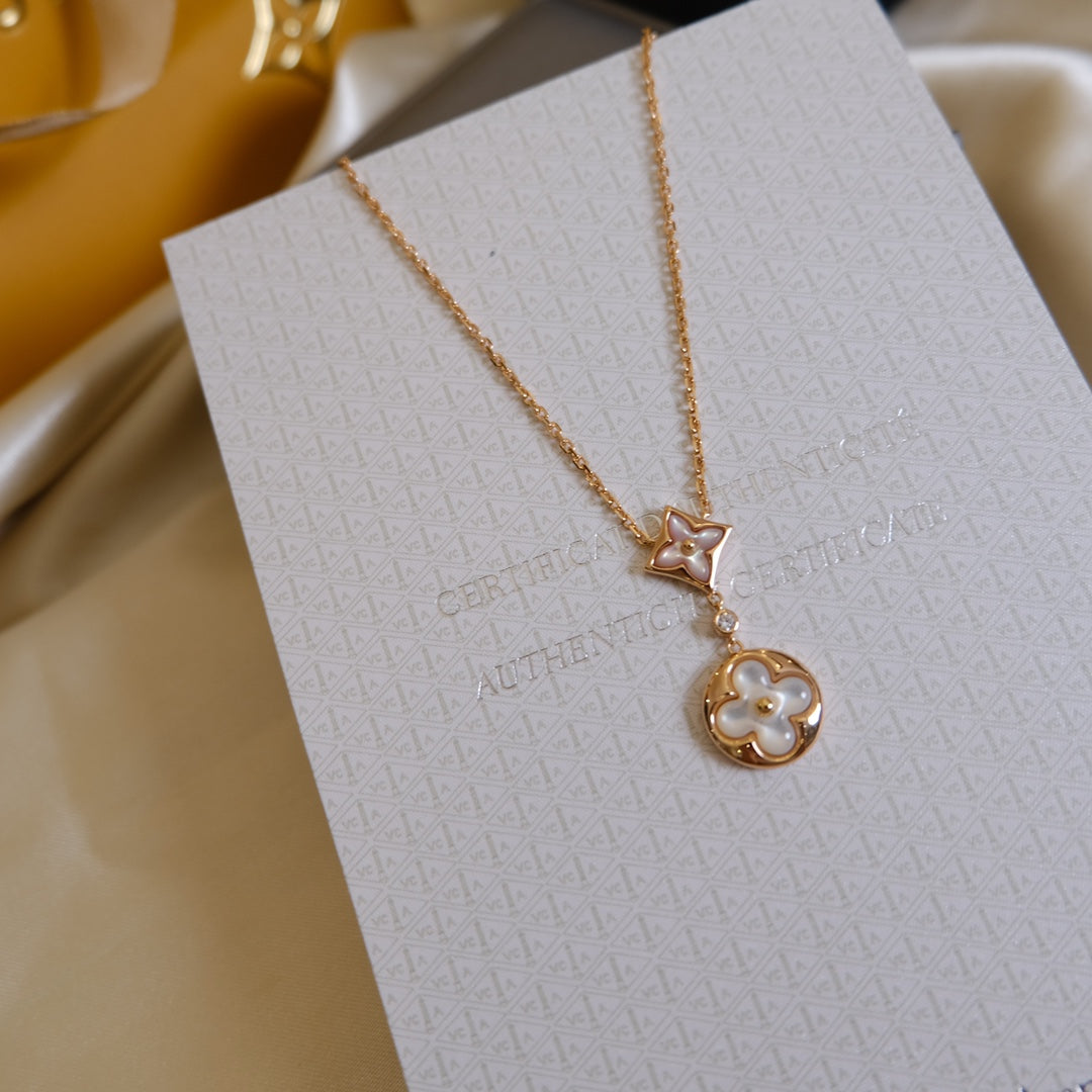 [BIJOUX]STAR AND SUN WHITE MOP 2 MOTIF PINK GOLD NECKLACE