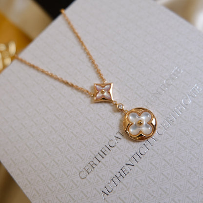 [BIJOUX]STAR AND SUN WHITE MOP 2 MOTIF PINK GOLD NECKLACE