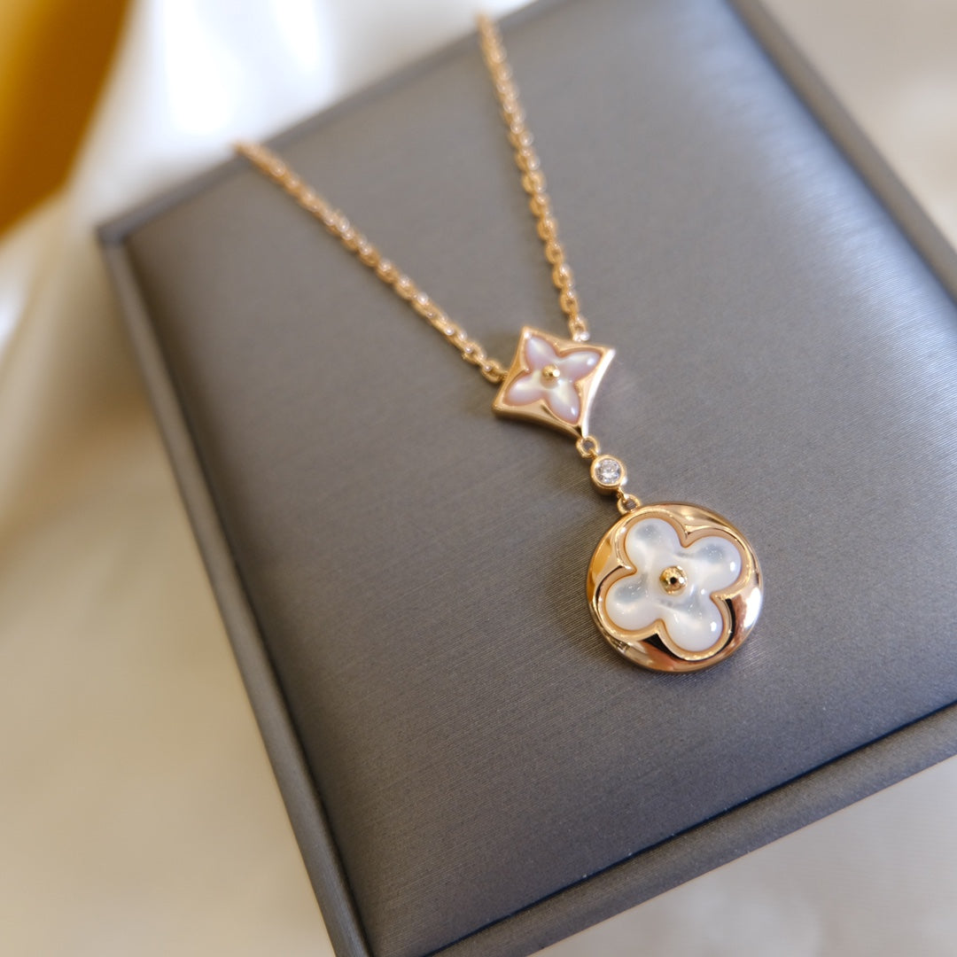 [BIJOUX] COLLIER OR ROSE 2 MOTIFS ÉTOILE ET SOLEIL NACRE BLANCHE