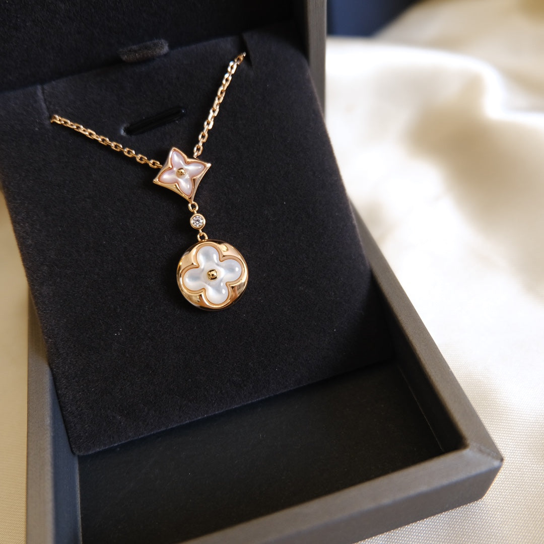 [BIJOUX] COLLIER OR ROSE 2 MOTIFS ÉTOILE ET SOLEIL NACRE BLANCHE