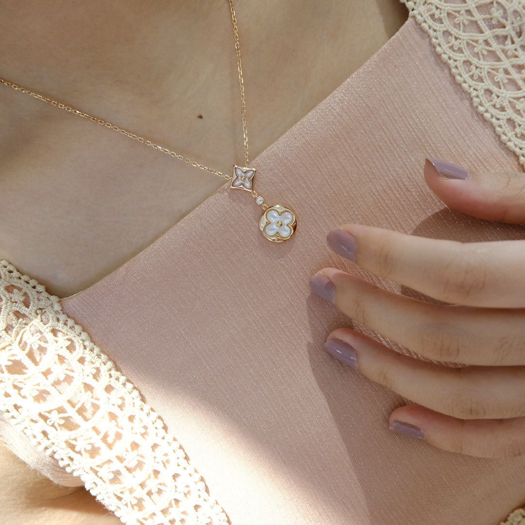 [BIJOUX] COLLIER OR ROSE 2 MOTIFS ÉTOILE ET SOLEIL NACRE BLANCHE
