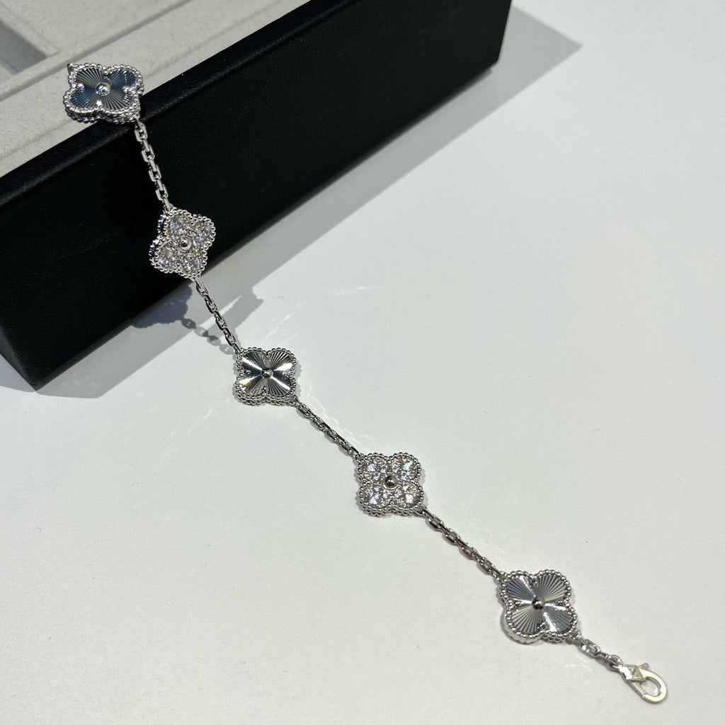 [BIJOUX]BRACELET ARGENT DIAMANT 5 MOTIFS TRÈFLE