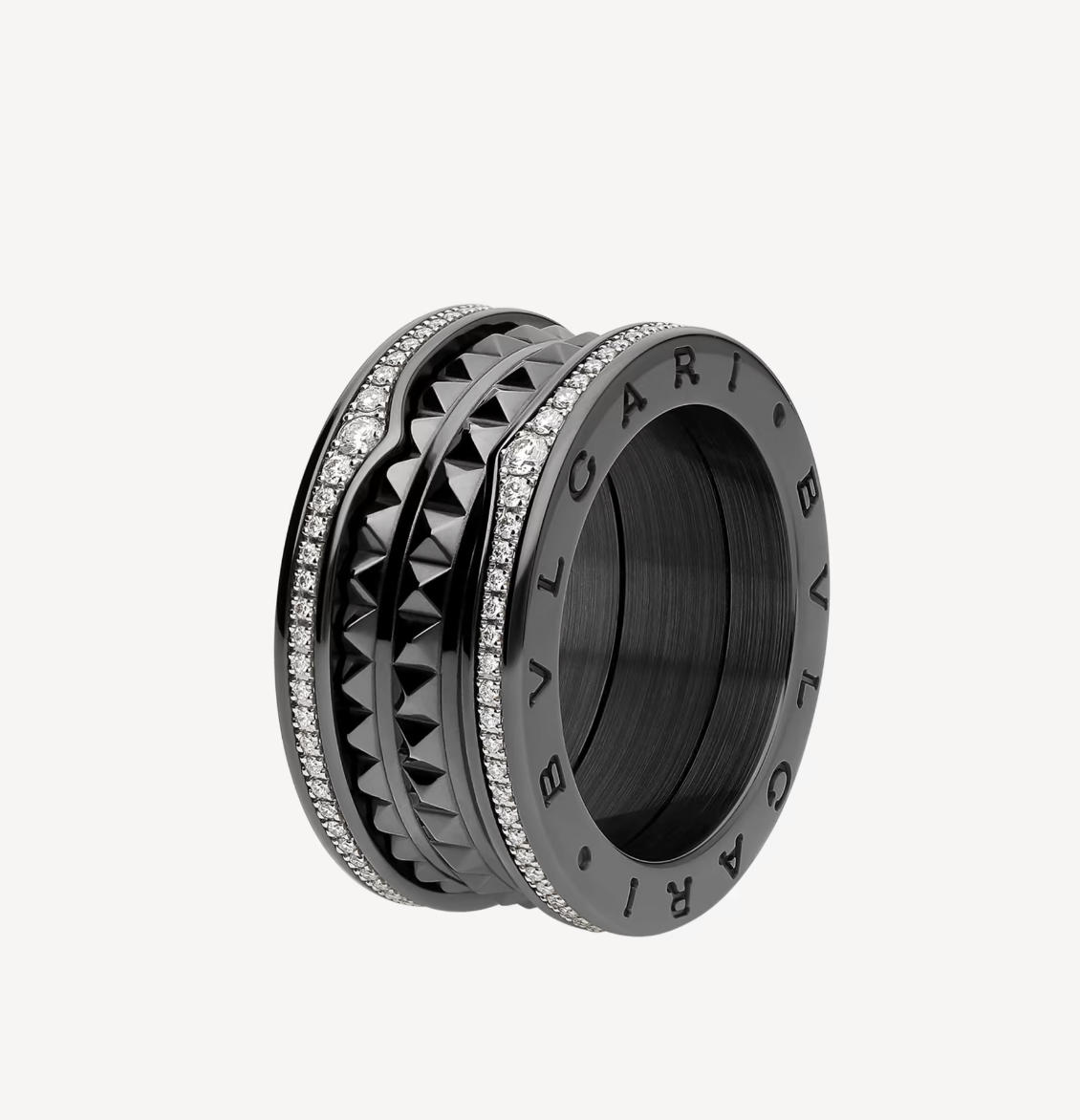 [BIJOUX]ZERO 1 ROCK FOUR-BAND BLACK CERAMIC WITH STUDDED SPIRAL AND PAVED DIAMONDS RING