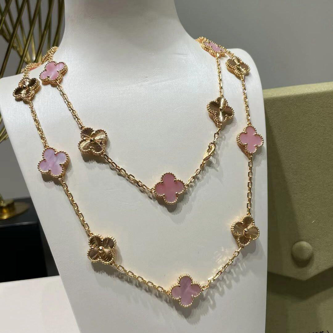 [BIJOUX]COLLIER TRÈFLE 20 MOTIFS NACRE ROSE LASER