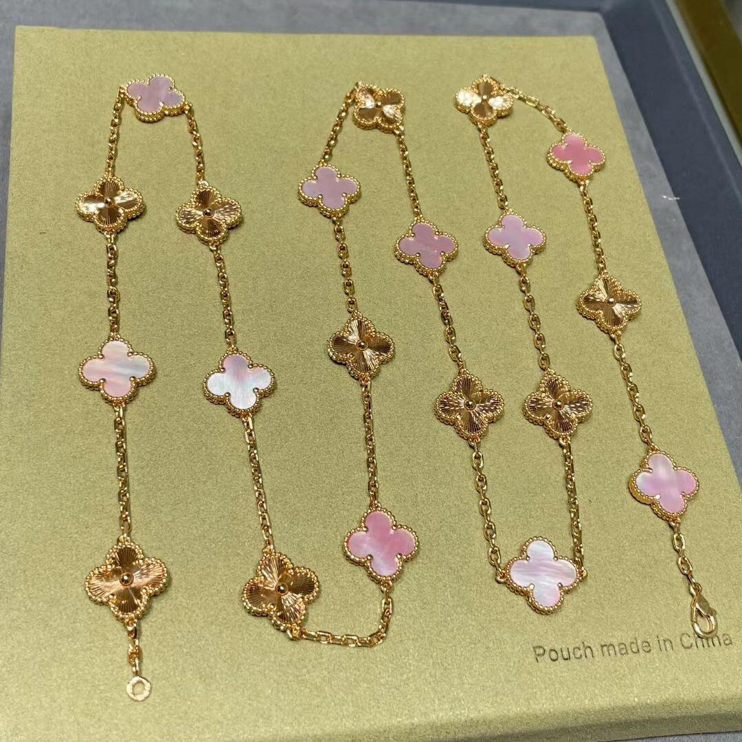 [BIJOUX]COLLIER TRÈFLE 20 MOTIFS NACRE ROSE LASER