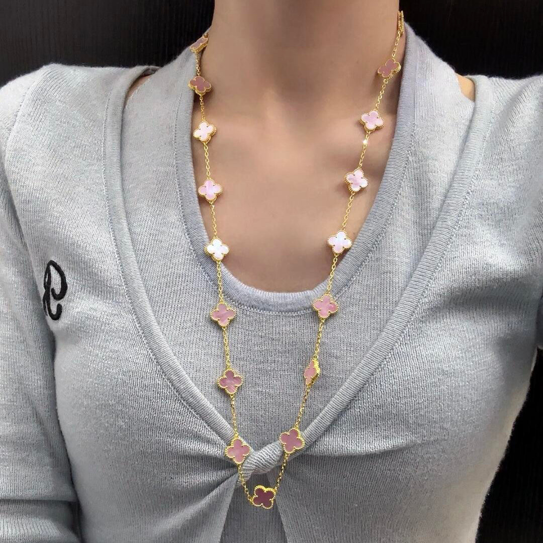 [BIJOUX]COLLIER TRÈFLE 20 MOTIFS NACRE ROSE