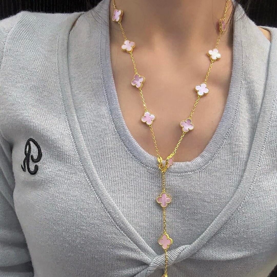 [BIJOUX]COLLIER TRÈFLE 20 MOTIFS NACRE ROSE