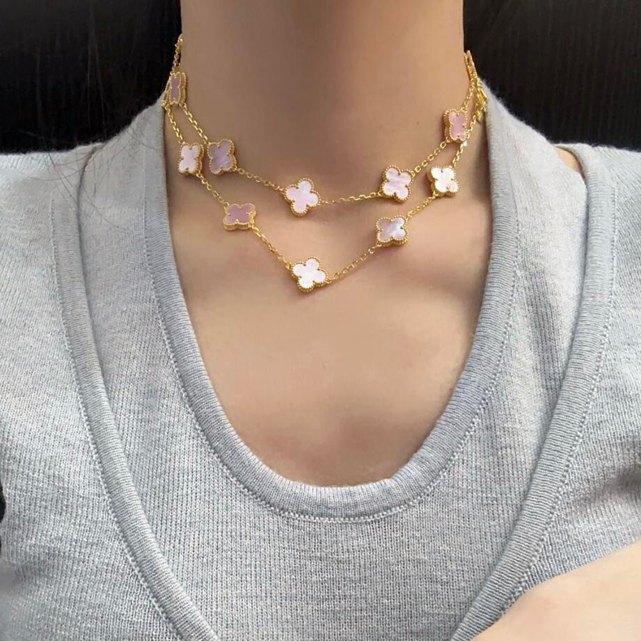 [BIJOUX]COLLIER TRÈFLE 20 MOTIFS NACRE ROSE