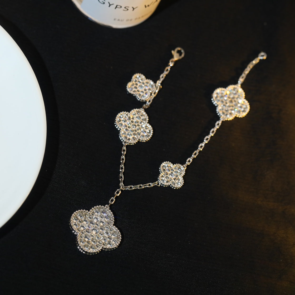 [BIJOUX]CLOVER BRACELET 5 MOTIF SILVER DIAMOND PAVED