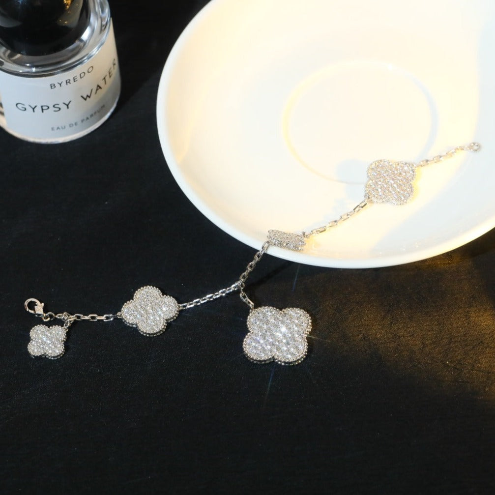[BIJOUX]CLOVER BRACELET 5 MOTIF SILVER DIAMOND PAVED