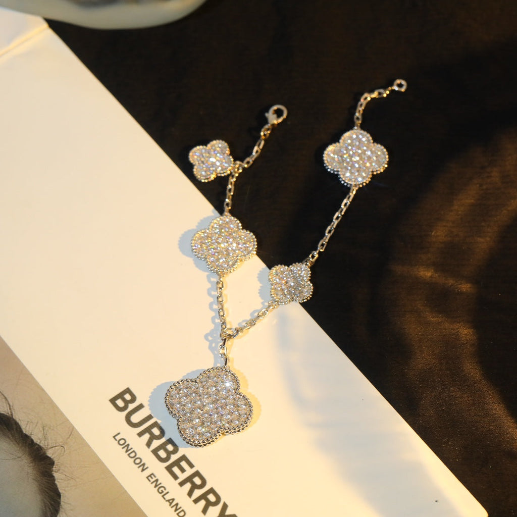 [BIJOUX]CLOVER BRACELET 5 MOTIF SILVER DIAMOND PAVED