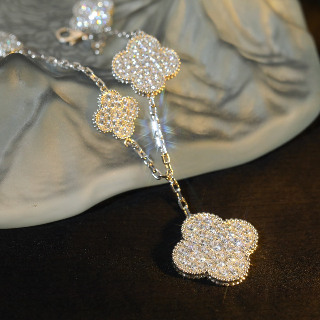 [BIJOUX]CLOVER BRACELET 5 MOTIF SILVER DIAMOND PAVED