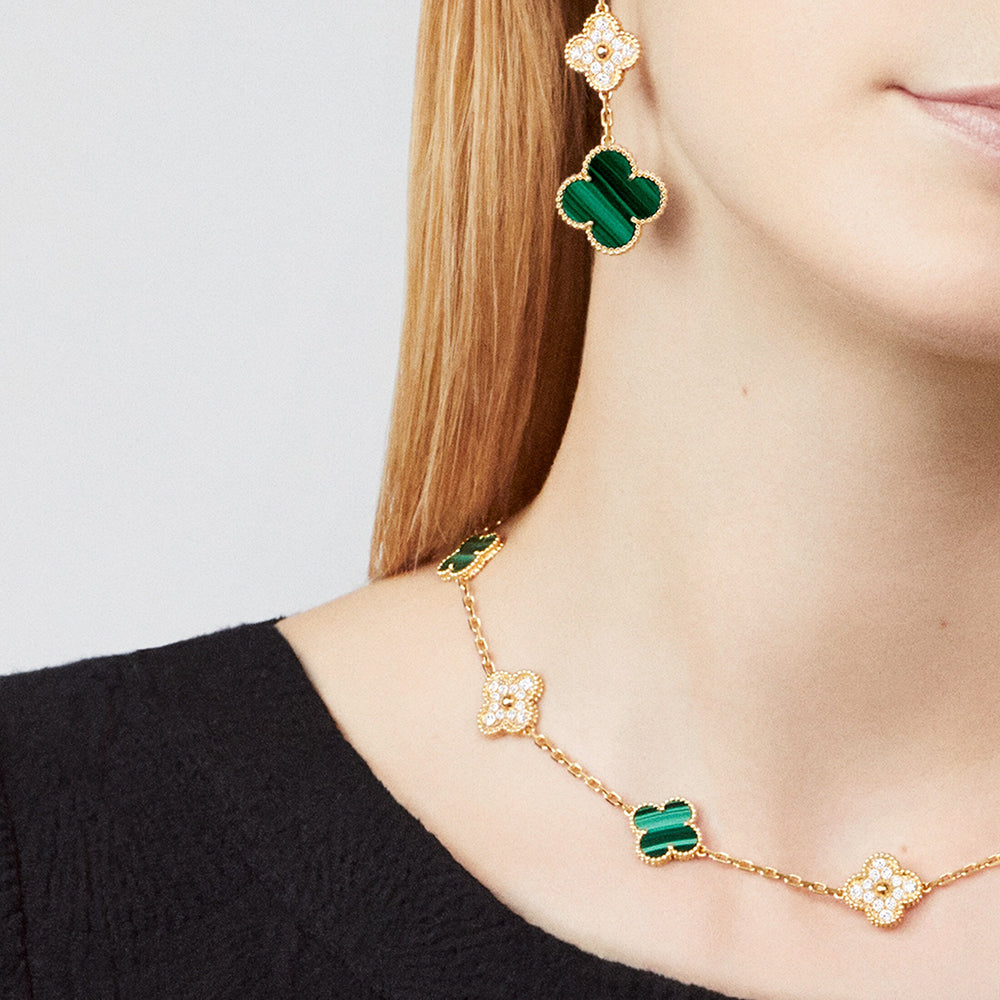 [BIJOUX]CLOVER COLLIER MALACHITE DIAMANT 10 MOTIFS