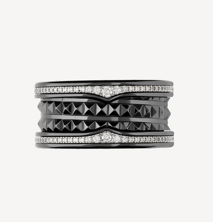[BIJOUX]ZERO 1 ROCK FOUR-BAND BLACK CERAMIC WITH STUDDED SPIRAL AND PAVED DIAMONDS RING