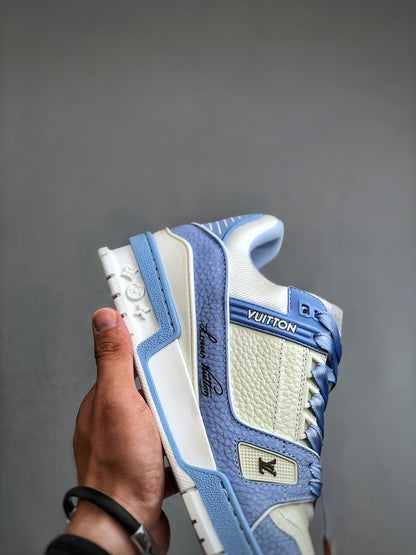 TRAINER CALF LEATHER ROUND TOE LACE-UP LOW-TOP SNEAKERS BLUE WHITE