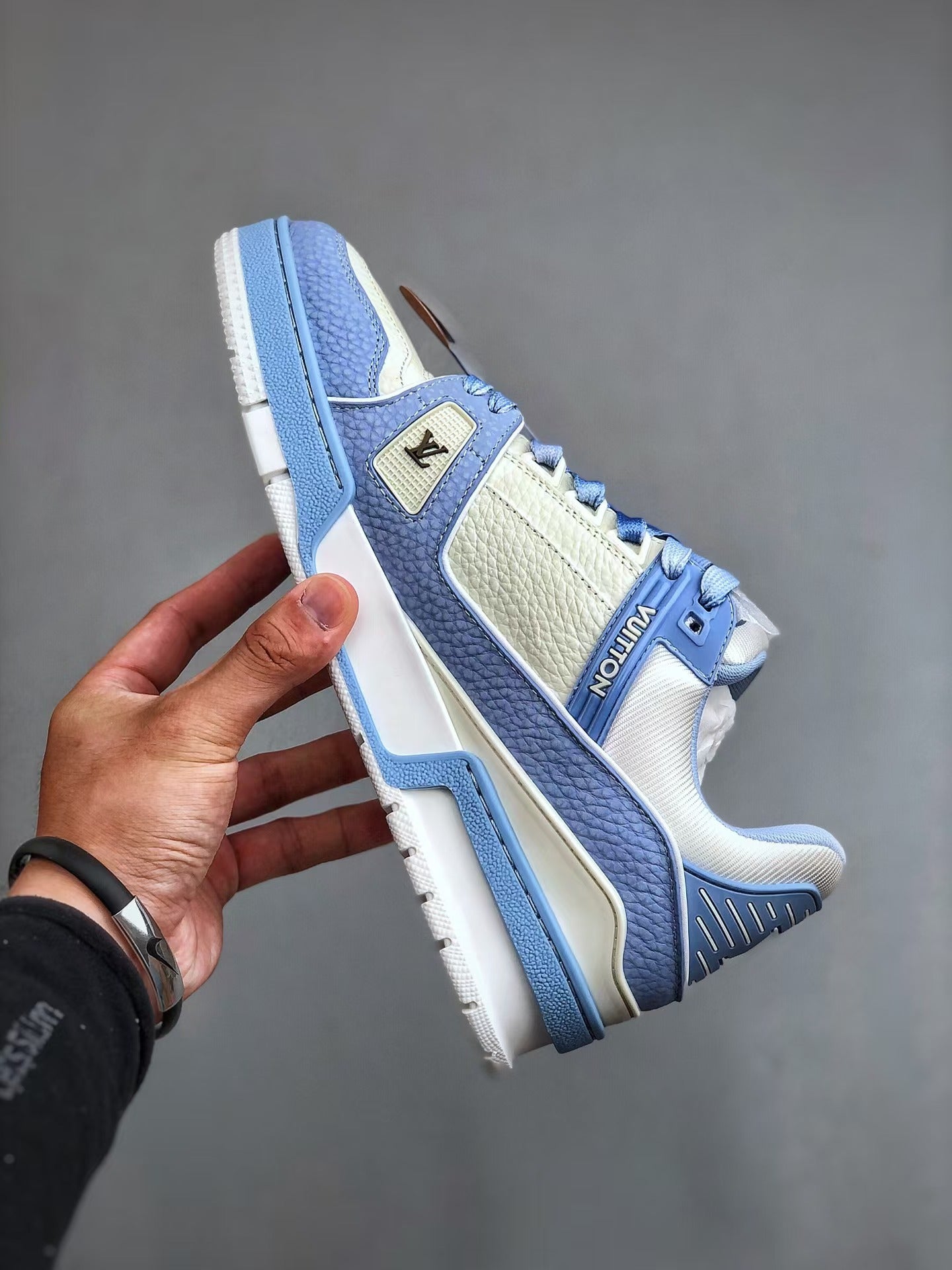 TRAINER CALF LEATHER ROUND TOE LACE-UP LOW-TOP SNEAKERS BLUE WHITE