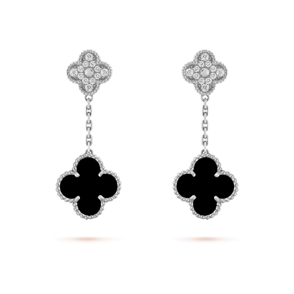 [BIJOUX]CLOVER 2 MOTIFS  DIAMOND ONYX EARRINGS SILVER