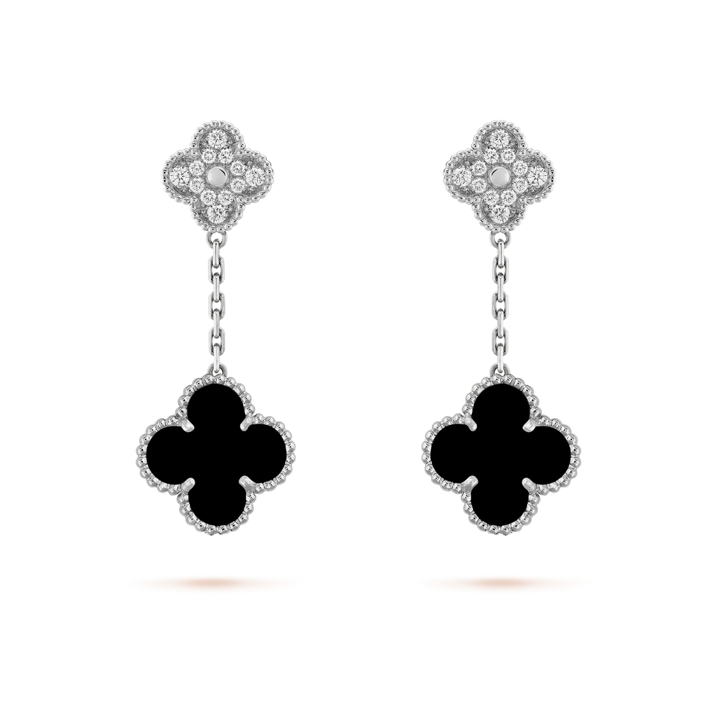 [Topon]CLOVER 2 MOTIFS  DIAMOND ONYX EARRINGS SILVER