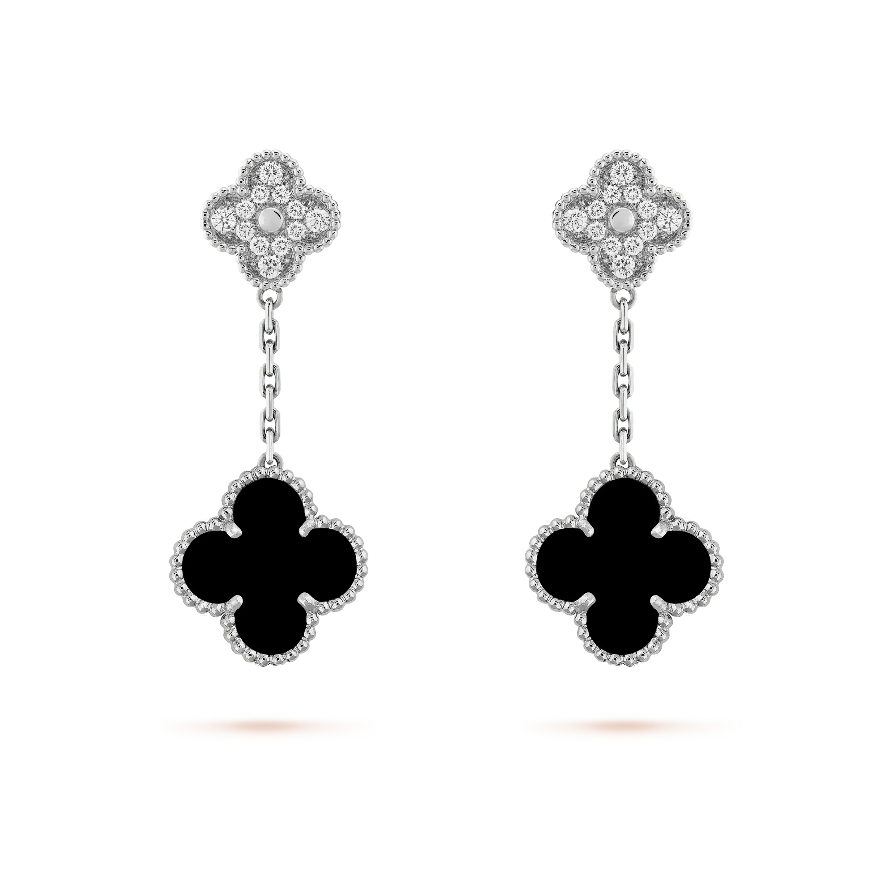 [Topon]CLOVER 2 MOTIFS  DIAMOND ONYX EARRINGS SILVER
