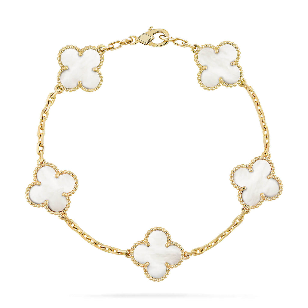 [BIJOUX]BRACELET NACRE BLANCHE À 5 MOTIFS TRÈFLE