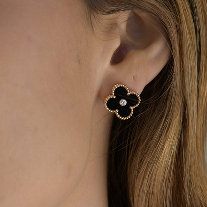 [BIJOUX]CLOVER MEDIUM 1 MOTIFS ONYX DIAMOND EARRINGS