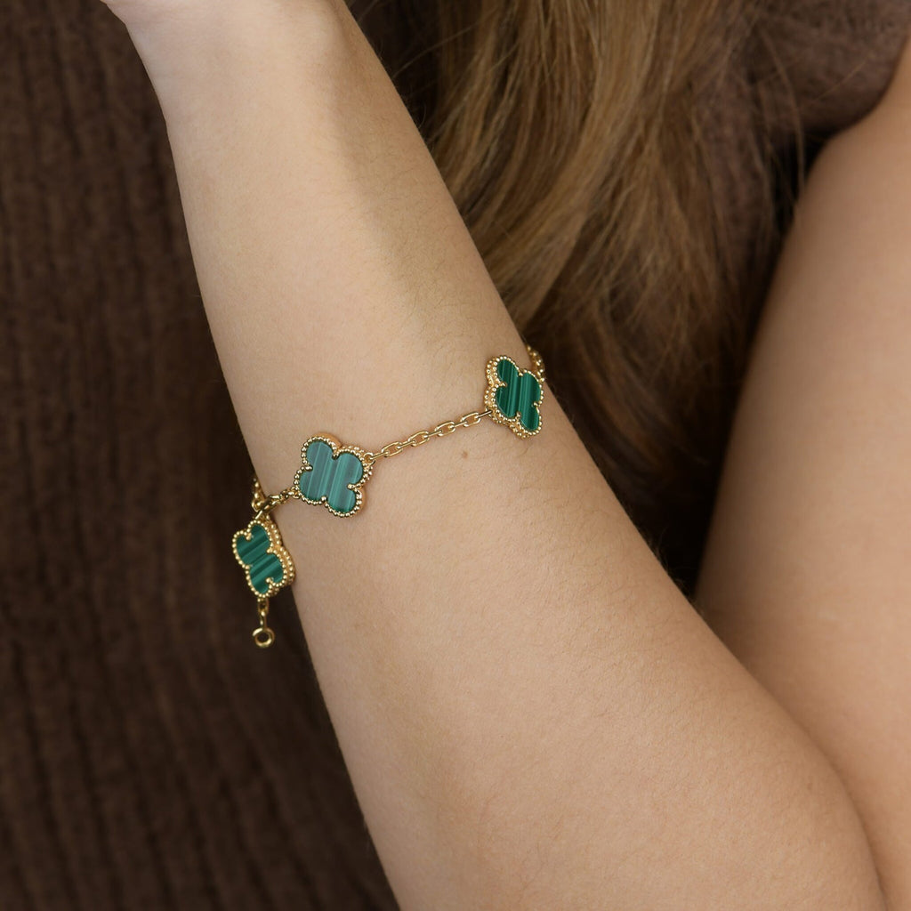 [BIJOUX]BRACELET MALACHITE TRÈFLE 5 MOTIFS