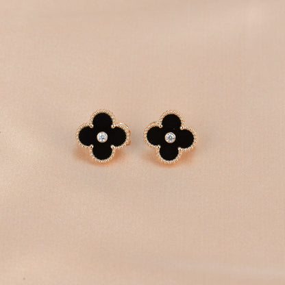 [BIJOUX]CLOVER MEDIUM 1 MOTIFS ONYX DIAMOND EARRINGS