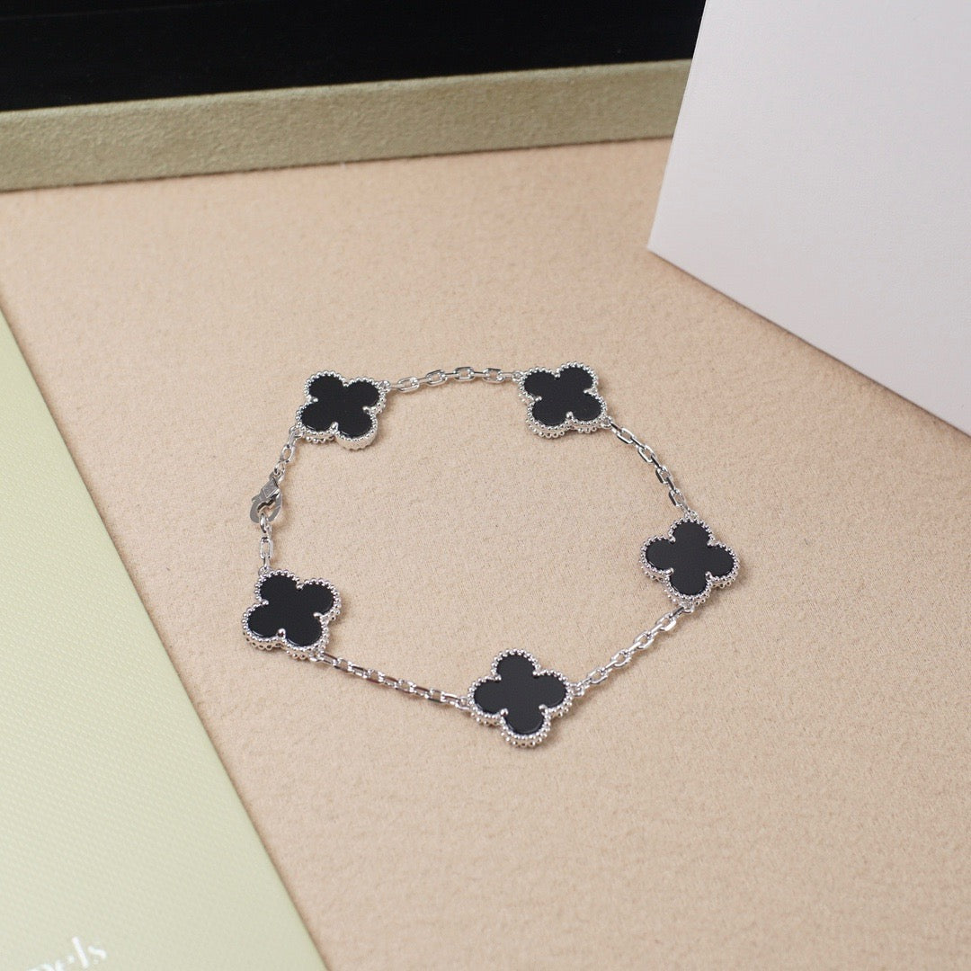 [BIJOUX]BRACELET TRÈFLE 5 MOTIFS ONYX ARGENT