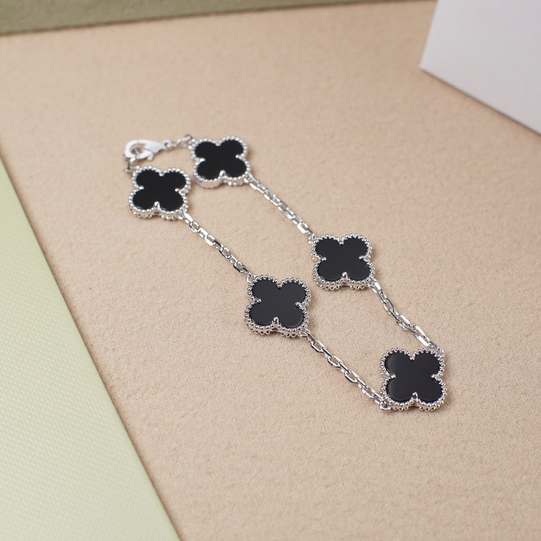 [BIJOUX]BRACELET TRÈFLE 5 MOTIFS ONYX ARGENT