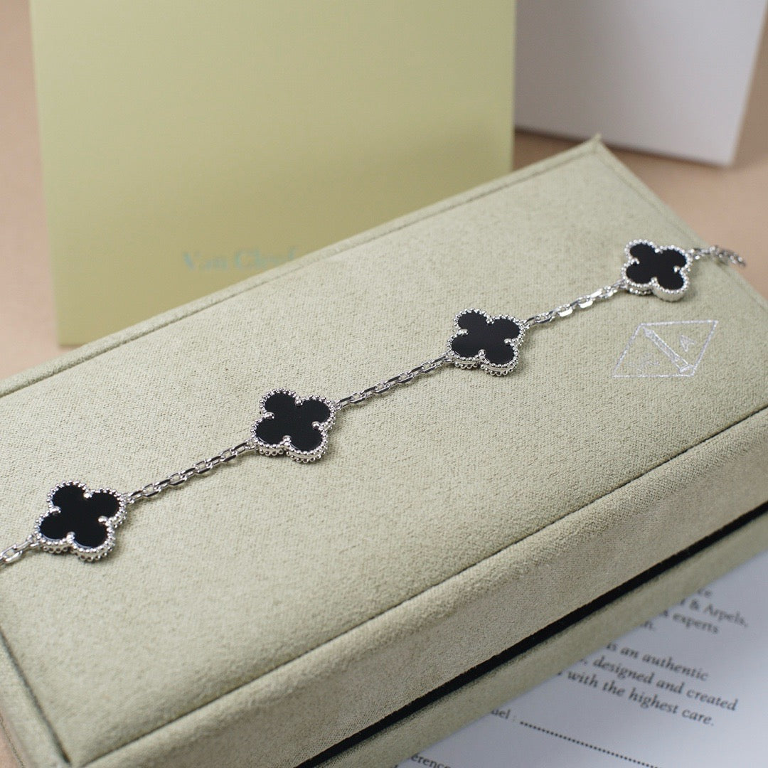 [BIJOUX]BRACELET TRÈFLE 5 MOTIFS ONYX ARGENT