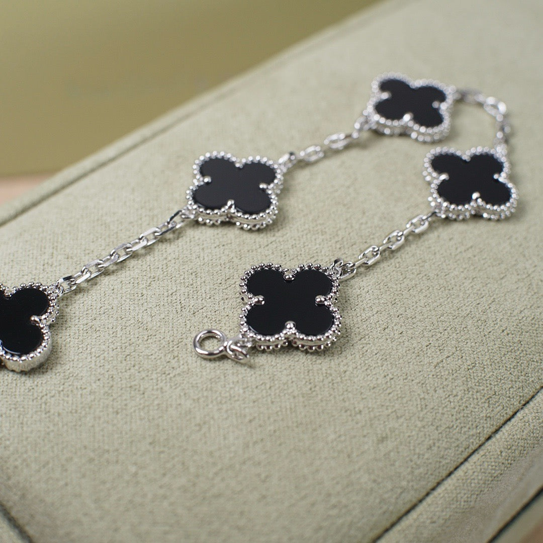 [BIJOUX]BRACELET TRÈFLE 5 MOTIFS ONYX ARGENT