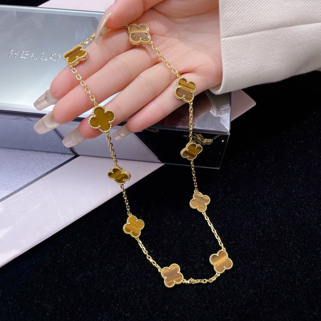 [BIJOUX] COLLIER TRÈFLE 10 MOTIFS ŒIL DE TIGRE