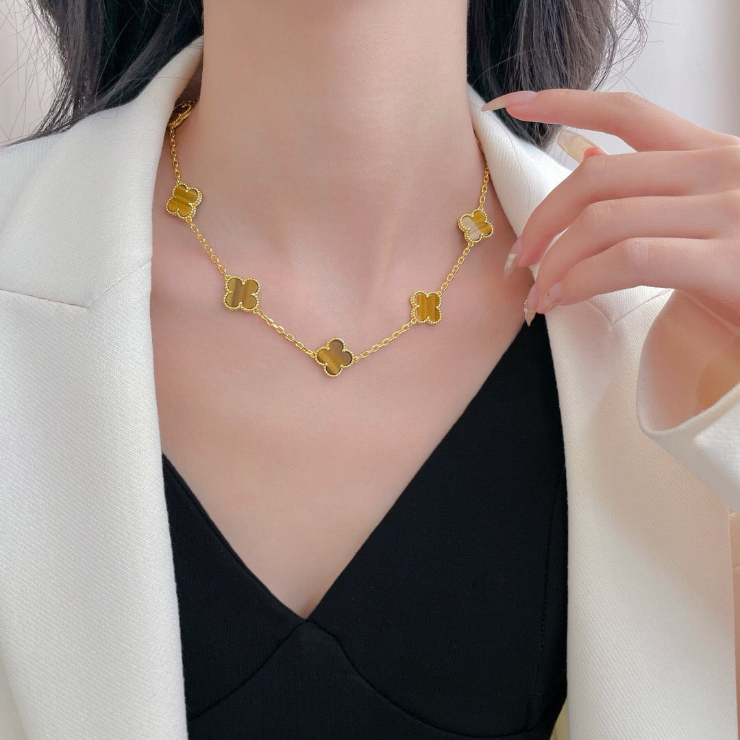[BIJOUX] COLLIER TRÈFLE 10 MOTIFS ŒIL DE TIGRE