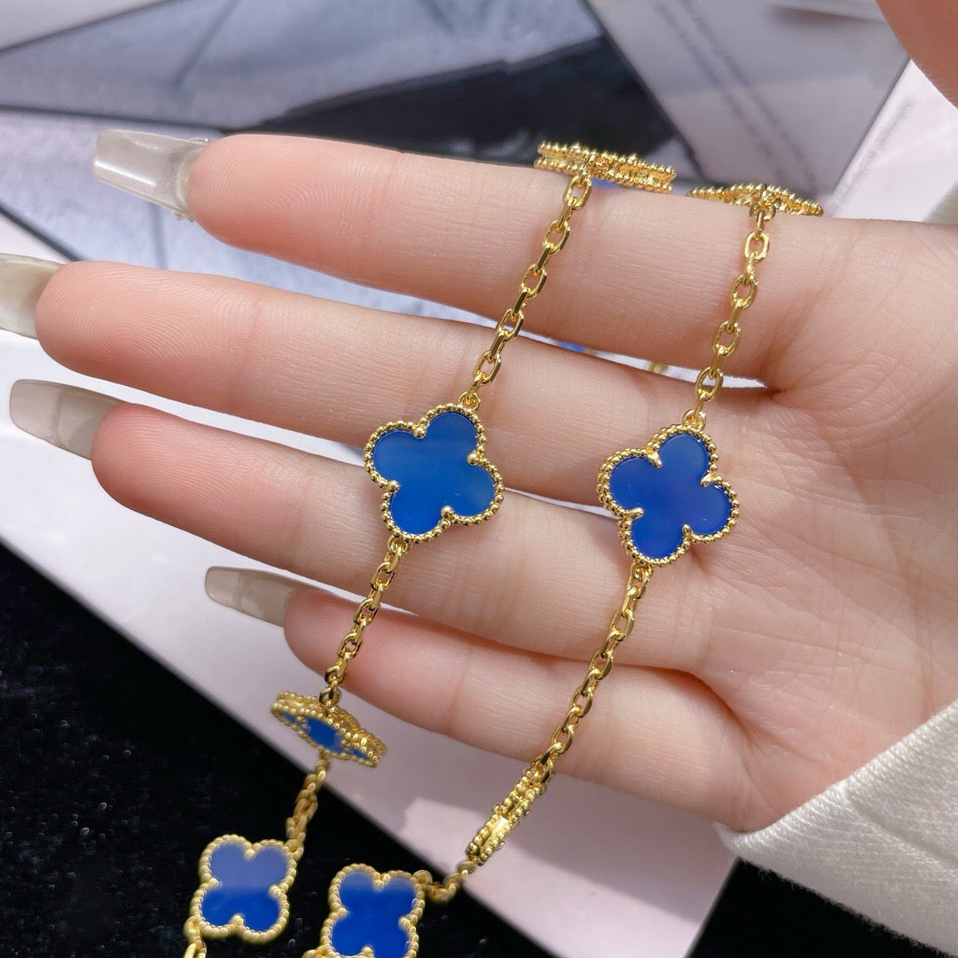 [BIJOUX] COLLIER TRÈFLE 10 MOTIFS AGATE BLEUE