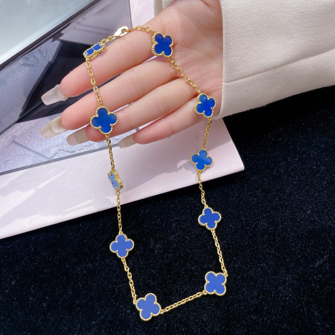 [BIJOUX] COLLIER TRÈFLE 10 MOTIFS AGATE BLEUE