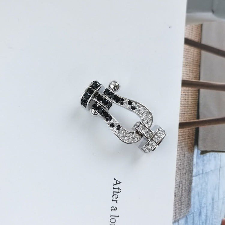 [BIJOUX]BRACELET FORCE LARGE FER A CHEVAL NOIR BLANC DIAMANT ARGENT