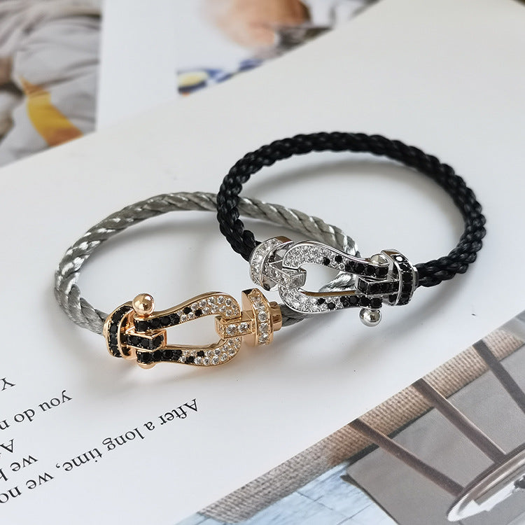 [BIJOUX]BRACELET FORCE LARGE FER A CHEVAL NOIR BLANC DIAMANT OR ROSE