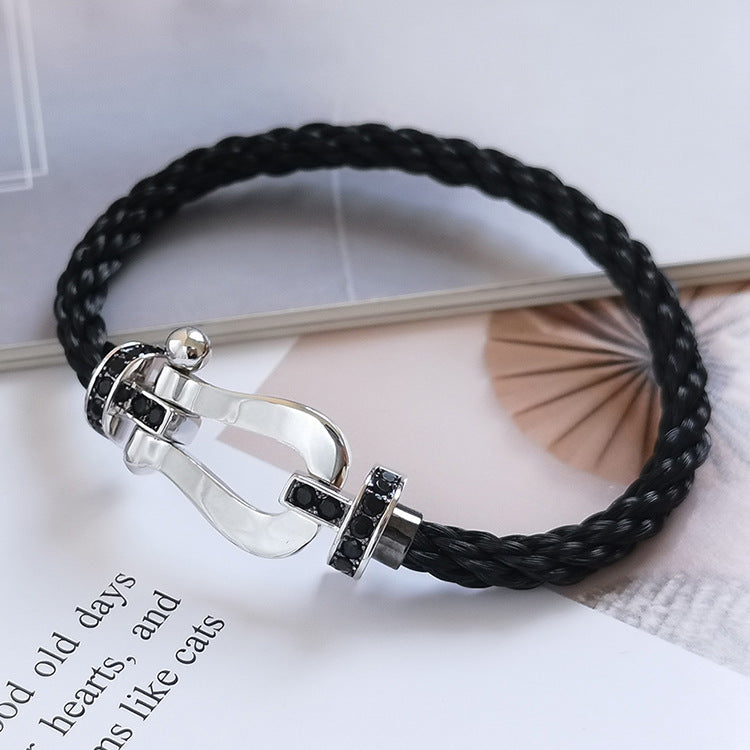 [BIJOUX]BRACELET FORCE LARGE FER A CHEVAL DIAMANT NOIR ARGENT