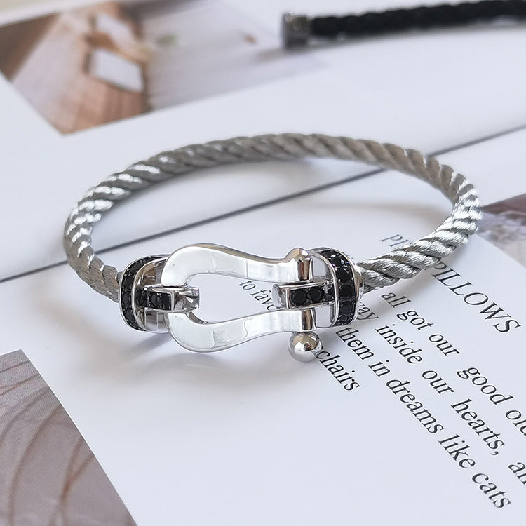 [BIJOUX]BRACELET FORCE LARGE FER A CHEVAL DIAMANT NOIR ARGENT