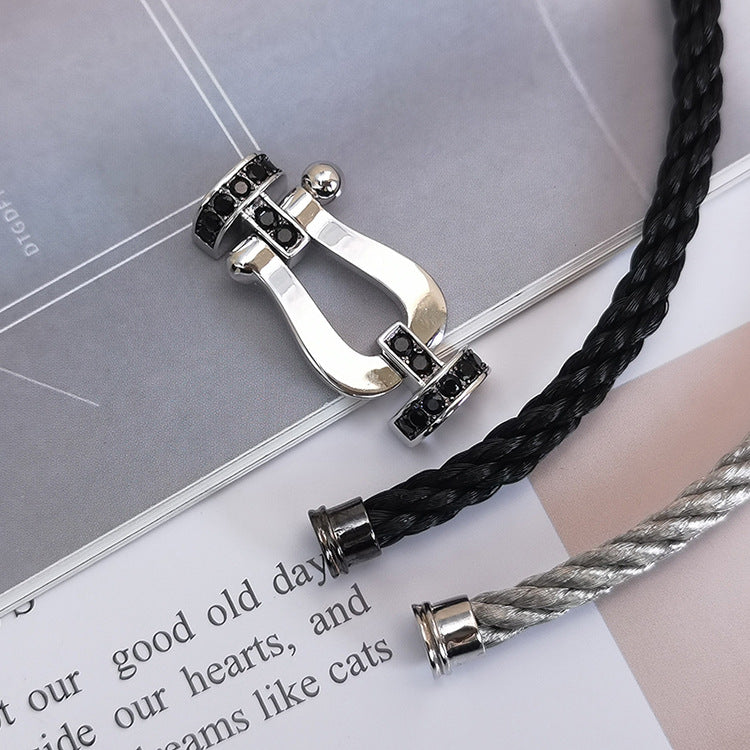 [BIJOUX]BRACELET FORCE LARGE FER A CHEVAL DIAMANT NOIR ARGENT