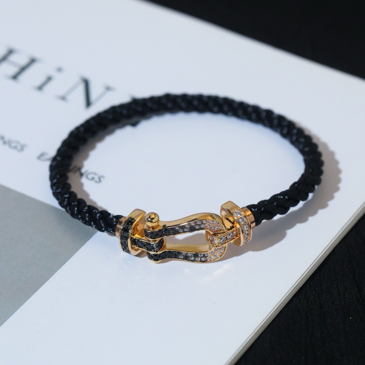 [BIJOUX]BRACELET FORCE LARGE FER A CHEVAL NOIR BLANC DIAMANT ARGENT