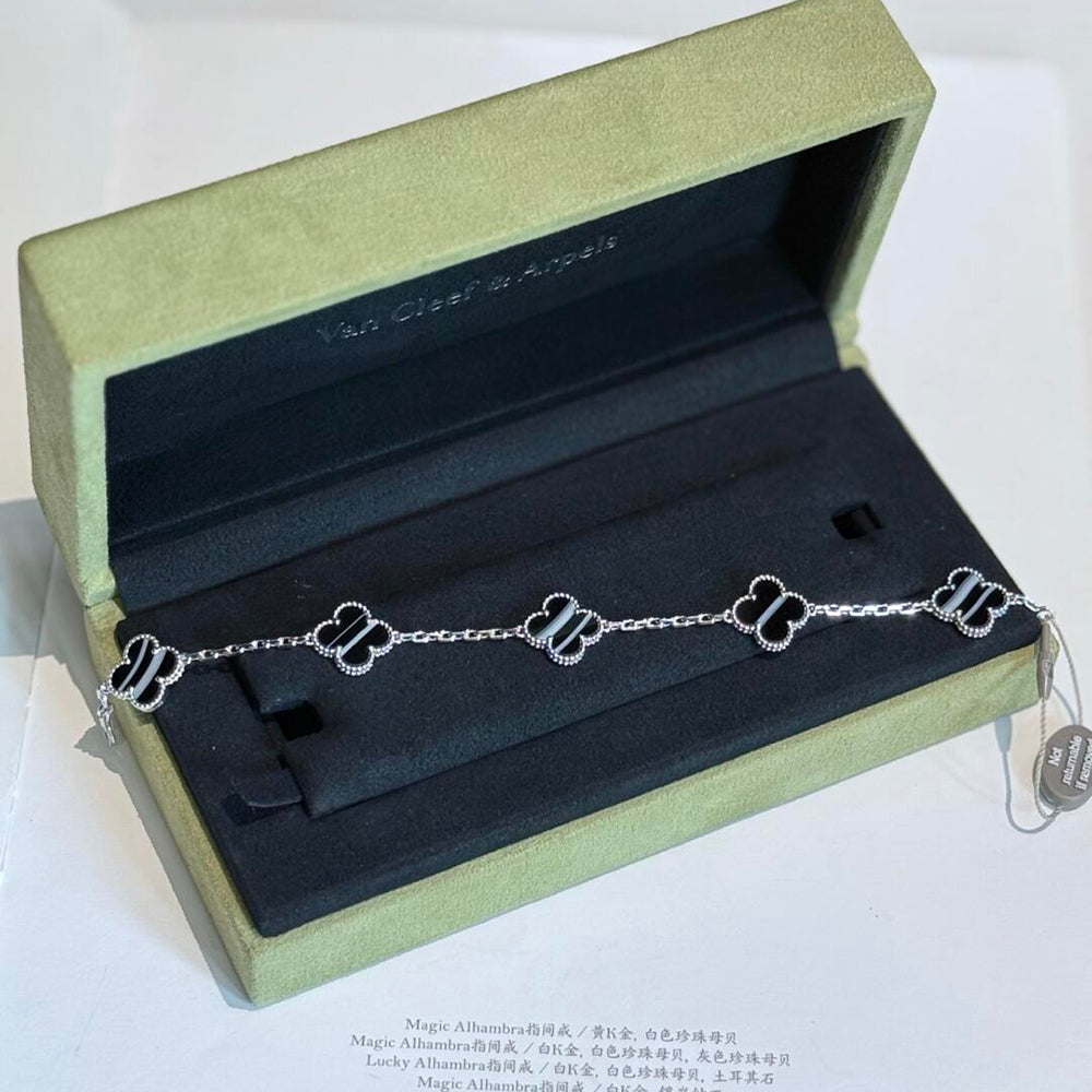 [BIJOUX]BRACELET CLOVER 5 MOTIFS ONYX VEINÉ ARGENT