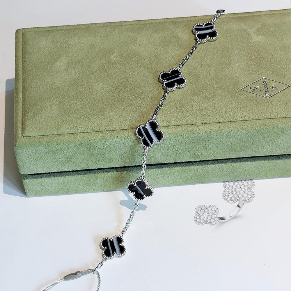 [BIJOUX]BRACELET CLOVER 5 MOTIFS ONYX VEINÉ ARGENT