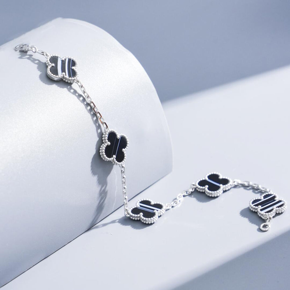 [BIJOUX]BRACELET CLOVER 5 MOTIFS ONYX VEINÉ ARGENT